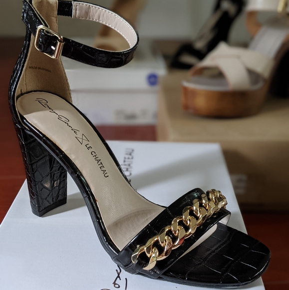 Le Chateau BNWB GOLD chain black croc leather Wedge Heels Sandals size 7.5 - Picture 3 of 4